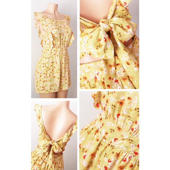 Yellow Floral Ruffle Tie Bow Open Back Cute Romper - Picture 4 of 7